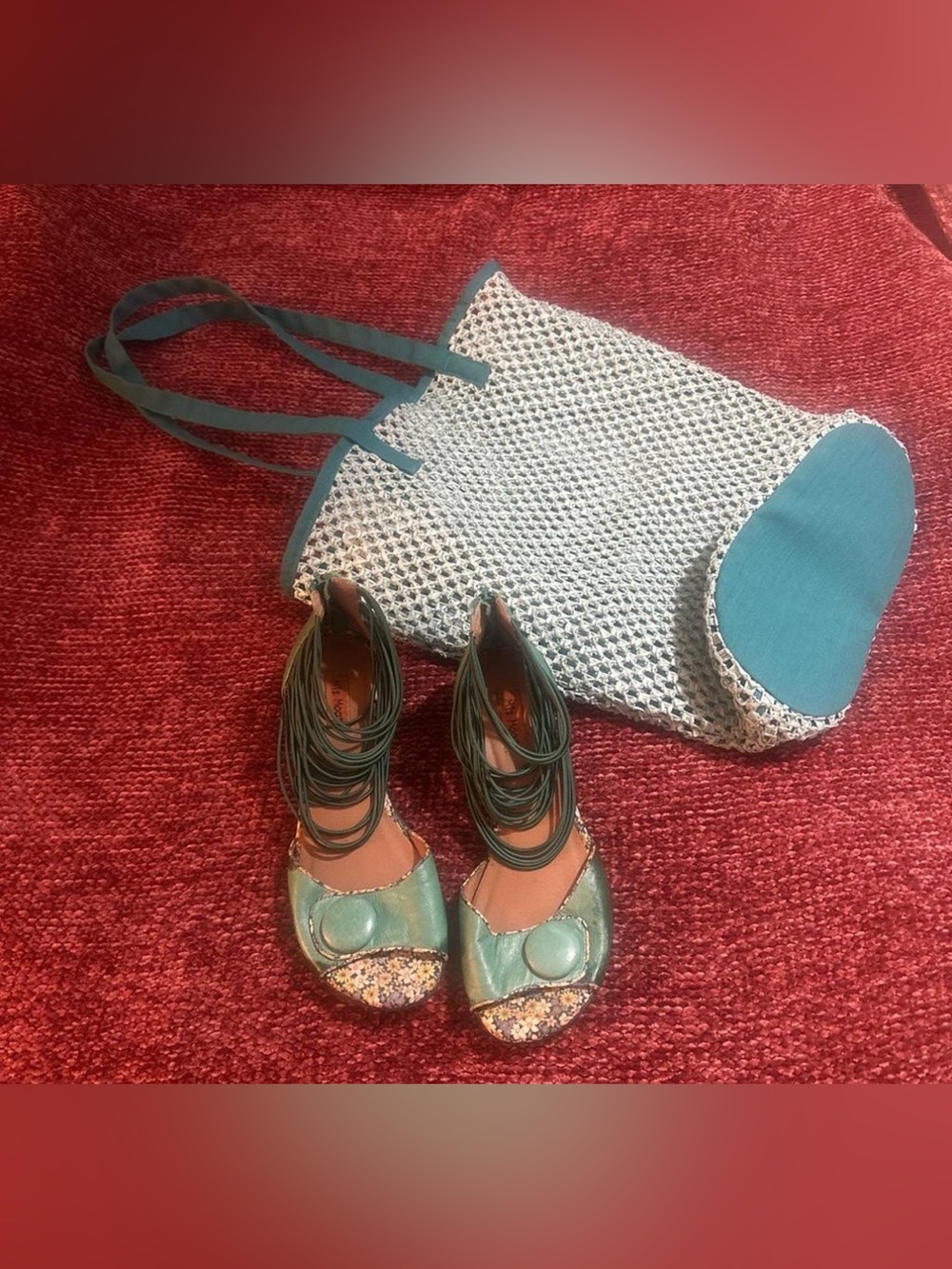 Rare Miz Mooz Floral Accent Teal Leather Sandals + Mesh Beach Bag Bundle
